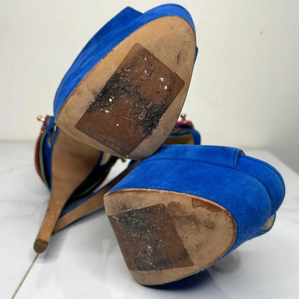 Brian Atwood TRIBECA Cuffed Blue Suede Platform Heels Multicolor Ankle Strap 37 - Picture 11 of 12